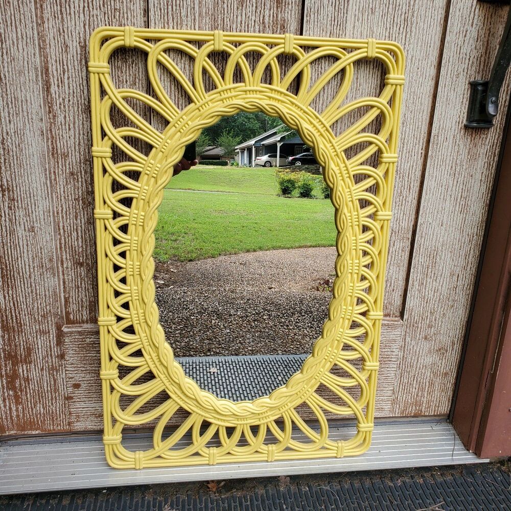 Vintage Yellow Plastic Faux Wicker Rattan Wall Mirror